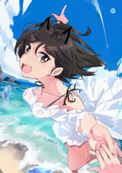 Rule 34 | 1girl, :d, absurdres, animal ears, bare shoulders, bikini, black bikini, black hair, blue sky, breasts, brown eyes, cat ears, cloud, dress, highres, holding hands, kuroda kunika, looking at viewer, noble witches, ocean, open mouth, outdoors, pegina, pov, short hair, sky, small breasts, smile, swimsuit, teeth, water drop, white dress, world witches series