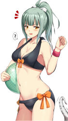 Rule 34 | 1girl, ?, ball, bikini, black bikini, bondo (borndragon), bow, breasts, cowboy shot, front-tie bikini top, front-tie top, green hair, kantai collection, looking at viewer, medium breasts, notice lines, official alternate costume, orange bow, orange eyes, pink wristband, ponytail, side-tie bikini bottom, solo, spoken question mark, swimsuit, tentacles, yuubari (kancolle), yuubari kai ni (kancolle), yuubari kai ni (swimsuit mode) (kancolle)