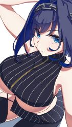 Rule 34 | 1girl, arm up, armpits, asymmetrical legwear, black shirt, black skirt, black thighhighs, blue eyes, blue hair, blush, breasts, closed mouth, commentary, cowboy shot, crop top, english commentary, eyes visible through hair, from above, frown, hair intakes, head chain, highres, hololive, hololive english, jewelry, katanose (user hjrw5873), large breasts, looking at viewer, medium hair, miniskirt, ouro kronii, ouro kronii (1st costume), shirt, simple background, sitting, skirt, sleeveless, sleeveless shirt, solo, striped clothes, striped shirt, striped skirt, thighhighs, turtleneck, underboob, vertical-striped clothes, vertical-striped shirt, vertical-striped skirt, virtual youtuber, white background