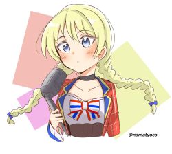 Rule 34 | 1girl, blonde hair, blue eyes, blush, bow, braid, breasts, choker, cleavage, collarbone, cropped torso, darjeeling (girls und panzer), frilled shirt, frills, girls und panzer, girls und panzer senshadou daisakusen!, holding, holding microphone, jacket, microphone, namatyoco, official alternate costume, parted lips, plaid, plaid jacket, red jacket, shirt, sketch, striped, striped bow, swept bangs, twin braids, twitter username, white shirt