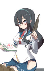 Rule 34 | 10s, 1girl, bad id, bad pixiv id, black hair, blue eyes, clipboard, glasses, highres, hip vent, kantai collection, long hair, long sleeves, looking at viewer, necktie, ooyodo (kancolle), quill, side slit, sitting, skirt, smile, solo, tonami kanji