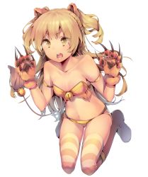 Rule 34 | 1girl, animal costume, animal ears, animal hands, bad id, bad pixiv id, bell, bikini, blonde hair, claws, dsmile, gloves, green eyes, idolmaster, jougasaki rika, lion tail, long hair, open mouth, paw gloves, solo, striped clothes, striped thighhighs, swimsuit, tail, tail bell, tail ornament, thighhighs, two side up