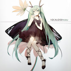 Rule 34 | 1girl, aiko (kanl), antennae, bad id, bad pixiv id, black dress, butterfly wings, character name, copyright name, dress, flower, full body, green eyes, green hair, hatsune miku, insect wings, long hair, mini person, minigirl, sitting, solo, twintails, very long hair, vocaloid, wings