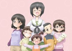 Rule 34 | 1boy, 5girls, :d, absurdres, arm around back, arm behind back, bad id, bad twitter id, black hair, black neckerchief, blouse, blunt bangs, blunt ends, blush, brother and sister, brown eyes, brown hair, brown shirt, closed mouth, commentary, daxz240r, dog, family, girls und panzer, glasses, green skirt, grey-framed eyewear, grin, hair bobbles, hair ornament, hairpin, hand on own hip, happy, head tilt, highres, kawashima momo, leaning on person, long sleeves, miniskirt, monocle, multiple girls, neckerchief, one side up, ooarai school uniform, open mouth, orange overalls, orange shirt, outstretched arms, overalls, pink background, pink shirt, pleated skirt, purple shirt, purple skirt, raglan sleeves, school uniform, semi-rimless eyewear, serafuku, shirt, short hair, short sidetail, siblings, sisters, skirt, smile, spread arms, under-rim eyewear, white shirt, yellow shirt