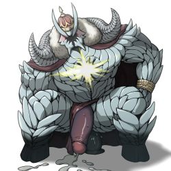 Rule 34 | 1boy, bara, blush, cape, cum, ejaculation, elephant boy, faceless, fate/grand order, fate (series), flaccid, horns, ivan the terrible (fate), large penis, loincloth, loincloth aside, male focus, muscular, penis, simple background, sitting, solo, spread legs, sweat, uncensored, white background