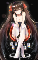 Rule 34 | 1girl, bare shoulders, between legs, black background, black gloves, black hair, breasts, breasts squeezed together, brown hair, chair, cleavage, closed mouth, collarbone, fingerless gloves, full body, girls&#039; frontline, gloves, glowing, hair ribbon, hand between legs, head tilt, highres, lens flare, long hair, looking at viewer, luse maonang, md5 mismatch, ribbon, shiny skin, simple background, sitting, small breasts, smile, solo, thighhighs, tsurime, twintails, type 97 (girls&#039; frontline), very long hair, white thighhighs, yellow eyes