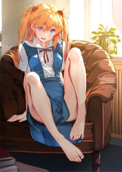 Rule 34 | 1girl, artist name, ass, backlighting, bare legs, barefoot, blue eyes, blue skirt, couch, feet, feet on chair, full body, hair between eyes, legs, long hair, looking at viewer, neon genesis evangelion, on couch, open mouth, orange hair, red neckwear, red ribbon, ribbon, school uniform, shiny skin, short sleeves, sitting, skirt, solo, souryuu asuka langley, suspender skirt, suspenders, sydus, toenails, toes, tokyo-3 middle school uniform