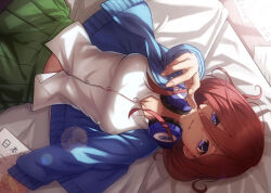 Rule 34 | 1girl, blue cardigan, blue eyes, breasts, brown hair, cardigan, collared shirt, commentary request, go-toubun no hanayome, green skirt, headphones, headphones around neck, large breasts, long hair, long hair between eyes, long sleeves, looking at viewer, lying, nakano miku, on back, on bed, open cardigan, open clothes, open mouth, pantyhose, pleated skirt, reaching, reaching towards viewer, school uniform, shakkiyi, shirt, skirt, solo, white shirt