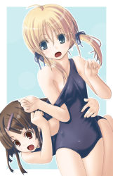 Rule 34 | 1cm, 2girls, blonde hair, blue eyes, brown eyes, brown hair, clothes pull, competition swimsuit, flat chest, hair ornament, hairclip, long hair, multiple girls, one-piece swimsuit, one-piece swimsuit pull, original, pulling another&#039;s clothes, school swimsuit, swimsuit, twintails