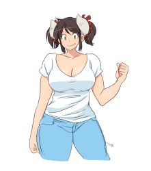 Rule 34 | 1girl, black hair, blush, breasts, character name, cleavage, cow girl, hataraki ari, horns, large breasts, original, simple background, smile, solo, standing, sukimi, twintails, white background, yellow eyes