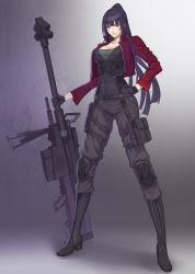 Rule 34 | 1girl, anti-materiel rifle, belt, belt buckle, bipod, black gloves, black hair, blunt bangs, blunt ends, boots, border break, breasts, buckle, cleavage, collarbone, cropped jacket, damegane, full body, gloves, gun, highres, holding, holding gun, holding weapon, jacket, knee pads, long hair, looking at viewer, open clothes, open jacket, pants, ponytail, pouch, red eyes, red jacket, rifle, sniper rifle, solo, standing, thigh pouch, weapon
