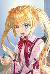 Rule 34 | 1girl, :d, blonde hair, blue eyes, blush, colored eyelashes, commentary request, commission, dress, eyelashes, eyes visible through hair, frilled sleeves, frills, hair between eyes, hand up, happy, heterochromia, highres, holding, holding whistle, indoors, juliet sleeves, kazamatsuri institute high school uniform, long hair, long sleeves, looking at viewer, lower teeth only, nakatsu shizuru, open mouth, pink dress, puffy sleeves, red ribbon, rewrite, ribbon, school uniform, skeb commission, smile, solo, teeth, twintails, twitter username, upper body, upturned eyes, variant set, very long hair, whistle, wide sleeves, yellow eyes, zuzuhashi