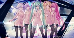 Rule 34 | 10s, 2013, 2014, 5girls, bad id, bad pixiv id, blonde hair, breasts, female focus, frilled legwear, green hair, hatsune miku, headphones, highres, lineup, long hair, looking at viewer, medium breasts, megurine luka, microphone, multiple girls, navel, nipples, nude, open mouth, pink hair, purple hair, pussy, short hair, silver hair, small breasts, smile, thighhighs, twintails, uncensored, very long hair, vocaloid, wangchuan de quanyan