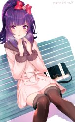 Rule 34 | 1girl, bag, bench, black thighhighs, blush, bow, coat, commentary request, dutch angle, fur-trimmed coat, fur-trimmed legwear, fur trim, hair bow, hanazono shuka, handbag, haruka natsuki, highres, long sleeves, on bench, open mouth, park bench, pink coat, pretty series, pripara, purple eyes, purple hair, red bow, shadow, solo, thighhighs, twitter username, white background