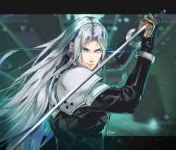Rule 34 | 1boy, armor, artist name, black gloves, black jacket, fighting stance, final fantasy, final fantasy vii, final fantasy vii remake, gloves, green eyes, grey hair, hinoe (dd works), holding, holding sword, holding weapon, indoors, jacket, letterboxed, long bangs, long hair, long sleeves, looking at viewer, male focus, masamune (ff7), parted bangs, sephiroth, shoulder armor, solo, sword, weapon
