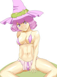 Rule 34 | 1girl, bare shoulders, bikini, black clover, blush, breasts, closed mouth, curly hair, dorothy unsworth, hat, highres, large breasts, purple eyes, purple hair, short hair, smile, star-shaped pupils, star (symbol), straw hat, swimsuit, symbol-shaped pupils, tagme, tongue, tongue out, tukemen gyokai, witch, witch hat