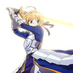 Rule 34 | 1girl, ahoge, aqua eyes, armor, artoria pendragon (fate), blonde hair, excalibur (fate/stay night), fate/stay night, fate (series), gauntlets, holding, holding sword, holding weapon, ikesin, ikezawa shin, looking at viewer, saber (fate), simple background, solo, sword, weapon, white background