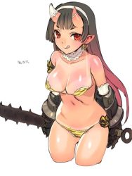 Rule 34 | 1girl, :q, bikini, black hair, breasts, choker, cleavage, club, club (weapon), collarbone, cowboy shot, cropped legs, earrings, elbow gloves, gauntlets, gloves, gluteal fold, horns, jewelry, kanabou, large breasts, long hair, multicolored hair, navel, oni, orion (orionproject), pink hair, pointy ears, red eyes, simple background, solo, spiked club, swimsuit, tan, tanline, tongue, tongue out, two-tone hair, weapon, white gloves