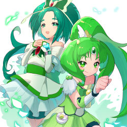 Rule 34 | 2girls, akimoto komachi, amesafu, bare shoulders, bike shorts, bike shorts under skirt, blush, bug, butterfly, butterfly brooch, color connection, commentary request, cure march, cure mint, diadem, earrings, elbow gloves, eyelashes, fingerless gloves, flower, gloves, green eyes, green hair, green shorts, green skirt, green theme, hair flower, hair ornament, happy, highres, insect, jewelry, long hair, looking at viewer, magical girl, midorikawa nao, multiple girls, ponytail, precure, shorts, shorts under skirt, simple background, skirt, smile, smile precure!, two side up, very long hair, white background, yes! precure 5