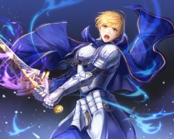 Rule 34 | 1boy, ahoge, armor, arthur pendragon (fate), blonde hair, blue background, blue cloak, blue pants, breastplate, cloak, excalibur (fate/prototype), fate/prototype, fate (series), gauntlets, green eyes, highres, holding, holding sword, holding weapon, kani (kkk kani), looking at viewer, male focus, open mouth, pants, pauldrons, shoulder armor, solo, standing, sword, weapon