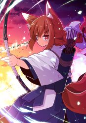 Rule 34 | 1girl, animal ears, arrow (projectile), blue sash, bow (weapon), brown hair, closed mouth, commentary request, cowboy shot, drawing bow, energy, fox ears, fox girl, fox tail, hair ribbon, highres, holding, holding arrow, holding bow (weapon), holding weapon, japanese clothes, kimono, light blush, lightning, long hair, long sleeves, looking at viewer, low ponytail, magic, multiple tails, obi, original, outdoors, quiver, ribbon, sash, sky, solo, tail, weapon, white kimono, wide sleeves, yukinagi