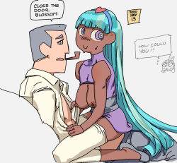 Rule 34 | 1boy, 2020, 2girls, ac120, black footwear, bliss (ppg), blossom (ppg), blue hair, blue hairband, breastless clothes, breasts, closed mouth, clothes pull, dark-skinned female, dark skin, dated, dress, english text, hair ornament, hairband, heart, heart hair ornament, large breasts, long hair, looking at viewer, multiple girls, nipples, pants, pants pull, powerpuff girls, professor utonium, purple dress, purple eyes, sleeveless, smile, smoking pipe, speech bubble, straddling, sweat, very long hair, white pants