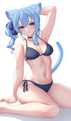 Rule 34 | 1girl, absurdres, animal ears, aoi zerii, arm behind head, arm support, armpit crease, bikini, black bikini, black choker, blue eyes, blue hair, blue ribbon, breasts, cat ears, cat girl, cat tail, choker, closed mouth, collarbone, commentary, extra ears, hair between eyes, hair ribbon, highres, hololive, hoshimachi suisei, long hair, looking at viewer, medium breasts, navel, ribbon, side-tie bikini bottom, side ponytail, sidelocks, simple background, sitting, solo, star (symbol), star in eye, swimsuit, symbol in eye, tail, virtual youtuber, wariza, white background