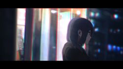 Rule 34 | 1girl, absurdres, black hair, blurry, blurry background, commentary request, from side, gerar dc, highres, letterboxed, night, original, outdoors, scenery, short hair, solo, upper body