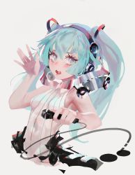 Rule 34 | 1girl, aqua eyes, aqua hair, arm up, bare shoulders, blue eyes, blue hair, blush, breasts, collar, collared shirt, commentary, grey background, hair between eyes, hair ornament, hatsune miku, headset, highres, holding, holding microphone, lips, long hair, looking at viewer, microphone, open mouth, rsef, shirt, simple background, sleeveless, sleeveless shirt, small breasts, solo, striped clothes, striped shirt, teeth, twintails, upper body, vertical stripes, vocaloid, white shirt