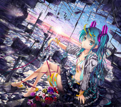 Rule 34 | 1girl, aqua eyes, aqua hair, architecture, barefoot, cloud, dutch angle, feet, flower, glycyrrhizae, hatsune miku, jewelry, legs, looking at viewer, lots of jewelry, necklace, ocean, open clothes, open shirt, scenery, shirt, sitting, sky, solo, sunset, toes, twintails, vocaloid, water