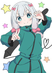 Rule 34 | 1girl, blue eyes, bow, closed mouth, commentary request, cowboy shot, eromanga sensei, green jacket, grey hair, hair bow, hands up, heart, izumi sagiri, jacket, light blush, long hair, long sleeves, looking at viewer, low-tied long hair, mochika (mochika 392), partial commentary, pink bow, simple background, smile, solo, star (symbol), stylus, v, white background