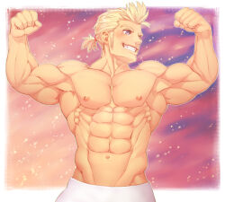 Rule 34 | 1boy, abs, armpits, bad id, bad pixiv id, bara, biceps, blonde hair, blush, double biceps pose, final fantasy, final fantasy vi, flexing, gradient background, grin, long sideburns, looking to the side, male focus, mature male, muscular, muscular male, navel, nipples, pectorals, sabin rene figaro, short hair, short ponytail, shredded muscles, sideburns, smile, solo, stomach, thick eyebrows, topless male, towel, usada (usaddd), v-taper