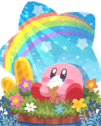 Rule 34 | blue eyes, blue flower, blue sky, blush, blush stickers, commentary request, day, flower, food, grass, highres, holding, holding food, holding ice cream, ice cream, ice cream cone, kirby, kirby (series), light rays, miclot, nintendo, no humans, on grass, orange flower, pink flower, plant, purple flower, rainbow, simple background, sitting, sky, soft serve, solo, star (symbol), sunlight, white background, white flower, yellow flower