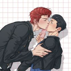 Rule 34 | 168broccoli, 2boys, black hair, black jacket, blush, closed eyes, couple, highres, holding, holding another&#039;s arm, holding letter, jacket, kiss, letter, looking at another, male focus, mito youhei, multiple boys, red hair, sakuragi hanamichi, school uniform, shirt, short hair, slam dunk (series), twitter username, upper body, white shirt, yaoi