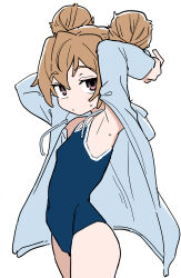 Rule 34 | 1girl, absurdres, aisaka taiga, armpits, arms behind head, blue jacket, blue one-piece swimsuit, breasts, brown hair, closed mouth, double bun, hair bun, highres, hood, hood down, hooded jacket, jacket, looking at viewer, one-piece swimsuit, open clothes, open jacket, pink eyes, small breasts, solo, standing, swimsuit, toradora!, wagashi (dagashiya)