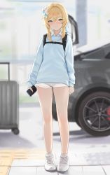 Rule 34 | 1girl, absurdres, backpack, bag, blonde hair, blue sweater, blurry, blurry background, blush, car, casual, cellphone, contemporary, dolri, flower, full body, genshin impact, hair flower, hair ornament, highres, holding, holding phone, legs, looking at viewer, lumine (genshin impact), motor vehicle, phone, shirt, shoes, smile, sneakers, solo, standing, sweater, thighs, white footwear, white shirt