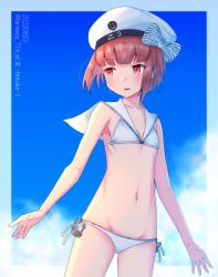 Rule 34 | 1girl, bikini, blue sky, cloud, cowboy shot, flat chest, haruka faraway716, hat, highres, kantai collection, looking to the side, lowleg, lowleg bikini, official alternate costume, one-hour drawing challenge, red eyes, red hair, sailor bikini, sailor collar, sailor hat, short hair, side-tie bikini bottom, sky, smiley face, solo, swimsuit, white bikini, white hat, z3 max schultz (kancolle)