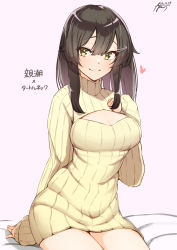 Rule 34 | 1girl, alternate costume, ayuman, black hair, blush, breasts, character name, cleavage, closed mouth, dated, heart, highres, kantai collection, long hair, medium breasts, oyashio (kancolle), ribbed sweater, signature, sleeves past wrists, smile, solo, sweater, turtleneck, turtleneck sweater, yellow eyes, yellow sweater