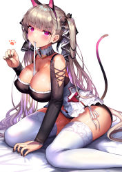 Rule 34 | 1girl, absurdres, azur lane, bare shoulders, between breasts, black dress, blush, breasts, cleavage, denchu (kazudentyu), dress, formidable (azur lane), frilled dress, frills, grey hair, hair ribbon, highres, jewelry, large breasts, long hair, long sleeves, looking at viewer, nail polish, red eyes, ribbon, solo, thighhighs, twintails, two-tone dress, two-tone ribbon, very long hair, white thighhighs