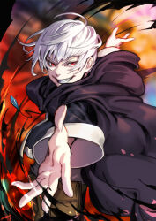 Rule 34 | 1boy, black cloak, blurry, blurry background, cloak, gem, grin, highres, long sleeves, magic, male focus, nishiki areku, ourn the inventor, outdoors, outstretched hand, pixiv fantasia, pixiv fantasia last saga, pouch, red eyes, short hair, smile, solo, white hair