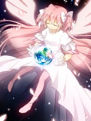 Rule 34 | 10s, 1girl, alternate hairstyle, bad id, bad pixiv id, boots, ca 31, choker, closed eyes, dress, earth (planet), gloves, kaname madoka, long hair, magical girl, mahou shoujo madoka magica, mahou shoujo madoka magica (anime), pantyhose, petals, pink footwear, pink hair, planet, smile, solo, spoilers, twintails, two side up, ultimate madoka, very long hair, white dress, white gloves, wings
