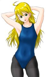 Rule 34 | 1girl, ahoge, armpits, blonde hair, breasts, covered erect nipples, crotch seam, green eyes, hoshii miki, idolmaster, idolmaster (classic), leotard, long hair, pantyhose, pantylines, simple background, skin tight, small breasts, solo, supon, thighband pantyhose