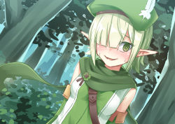 Rule 34 | 1girl, aoi (princess connect!), blunt bangs, blush, breasts, elbow gloves, elf, forest, gloves, green eyes, green hair, hair over one eye, hat, looking at viewer, looking away, matching hair/eyes, nature, outdoors, parted lips, pointy ears, princess connect!, short hair, small breasts, sweatdrop, umarutsufuri