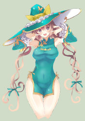 Rule 34 | 1girl, :d, blush, breasts, brown hair, china dress, chinese clothes, dress, finger to mouth, hat, highres, impossible clothes, large breasts, long hair, looking at viewer, low-tied long hair, low twintails, no panties, oi ke, open mouth, pointy ears, purple eyes, rinna mayfield, shining (series), shining resonance, smile, thigh gap, twintails, very long hair, witch hat
