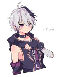 Rule 34 | 1girl, ahoge, black gloves, character name, closed mouth, collar, cropped bust, cropped torso, fingerless gloves, flower, flower (vocaloid), flower (vocaloid4), gloves, highres, looking at viewer, multicolored hair, pink eyes, short hair, solo, streaked hair, vest, vocaloid