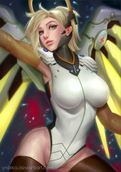 Rule 34 | 1girl, armpits, black thighhighs, blonde hair, blue eyes, breasts, commission, cowboy shot, elbow gloves, gloves, glowing, glowing wings, highleg, highleg leotard, large breasts, leotard, looking at viewer, mechanical wings, mercy (overwatch), overwatch, overwatch 1, parted lips, pink lips, ponytail, smile, solo, spread wings, thighhighs, watermark, web address, wings, yellow wings, ynorka chiu