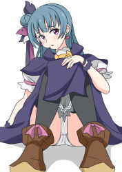 Rule 34 | 1girl, black thighhighs, blue hair, blush, boots, bow, brown footwear, cape, commentary, earrings, feather hair ornament, feathers, footwear bow, furrowed brow, genjitsu no yohane, grey skirt, hair bun, hair ornament, hand on own knee, head tilt, heart, heart earrings, highres, jewelry, knees up, long hair, looking at viewer, love live!, love live! sunshine!!, miniskirt, miro (katsushikashibamata), panties, pantyshot, parted lips, pink bow, pink eyes, purple cape, simple background, single side bun, sitting, skirt, solo, thighhighs, tsushima yoshiko, underwear, white background, white panties, yohane (genjitsu no yohane)