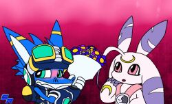 Rule 34 | 1boy, 1girl, blush, crescent moon, digimon, digimon (creature), looking at another, lunamon, moon, original