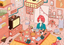 Rule 34 | 2girls, ahoge, alarm clock, animal, arrow (symbol), bad id, bad pixiv id, blue jacket, blush, book, bookshelf, bottle, bowl, bulletin board, calendar (object), can, ceiling light, cellphone, clock, closed mouth, clothes writing, commentary request, controller, coraman, cup, cup ramen, drink, electrical outlet, fish, fish tank, food, fruit, game console, handheld game console, highres, indoors, jacket, kotatsu, looking away, looking to the side, lying, mandarin orange, map, mimikaki, money, mug, multiple girls, on back, original, paint tube, paintbrush, paper, parted bangs, pencil, pennant, phone, picture frame, plant, potted plant, red eyes, red hair, remote control, shelf, shirt, short hair, sitting, solo focus, string of flags, table, tape, television, tissue box, translation request, trash can, under kotatsu, under table, watching television, white shirt