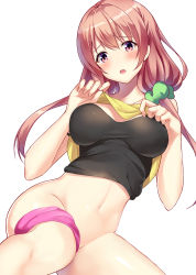 Rule 34 | 10s, 1girl, bad id, bad pixiv id, blush, breasts, brown eyes, brown hair, clothes lift, cocona (coconacafe), hair ornament, hair scrunchie, hands up, highres, hinako note, large breasts, long hair, looking at viewer, low twintails, navel, open mouth, panties, panties around leg, sakuragi hinako, scrunchie, shirt lift, simple background, solo, teeth, twintails, underwear, white background